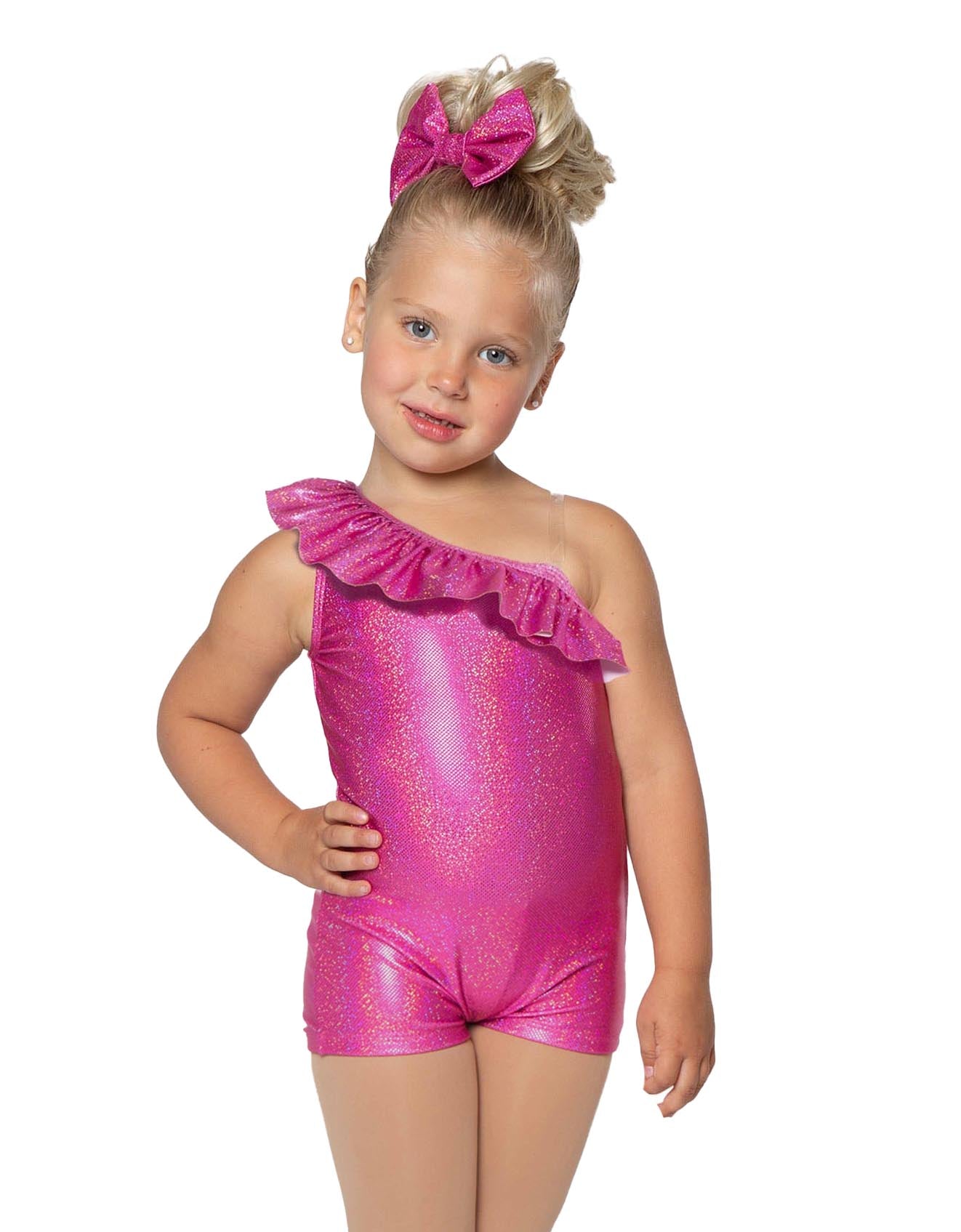 Solid Hologram One Shoulder Biketard with Ruffle