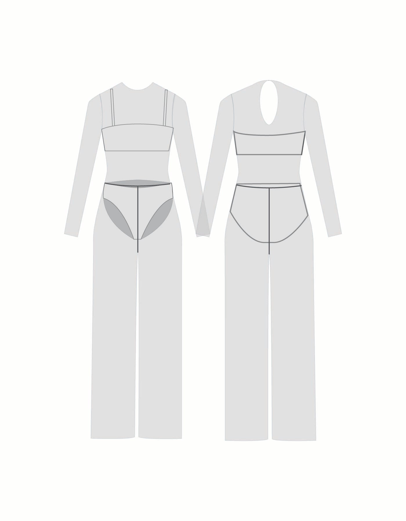 Custom Inked LS Keyhole Wide Leg Mesh Unitard with Bandeau and Panty - Lycra & Mesh