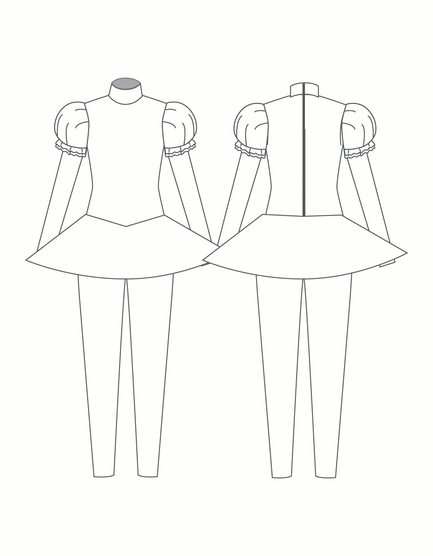 Custom Inked LS Puff Sleeve T Neck Zipper Back Unitard with Sewn In Skirt - Lycra