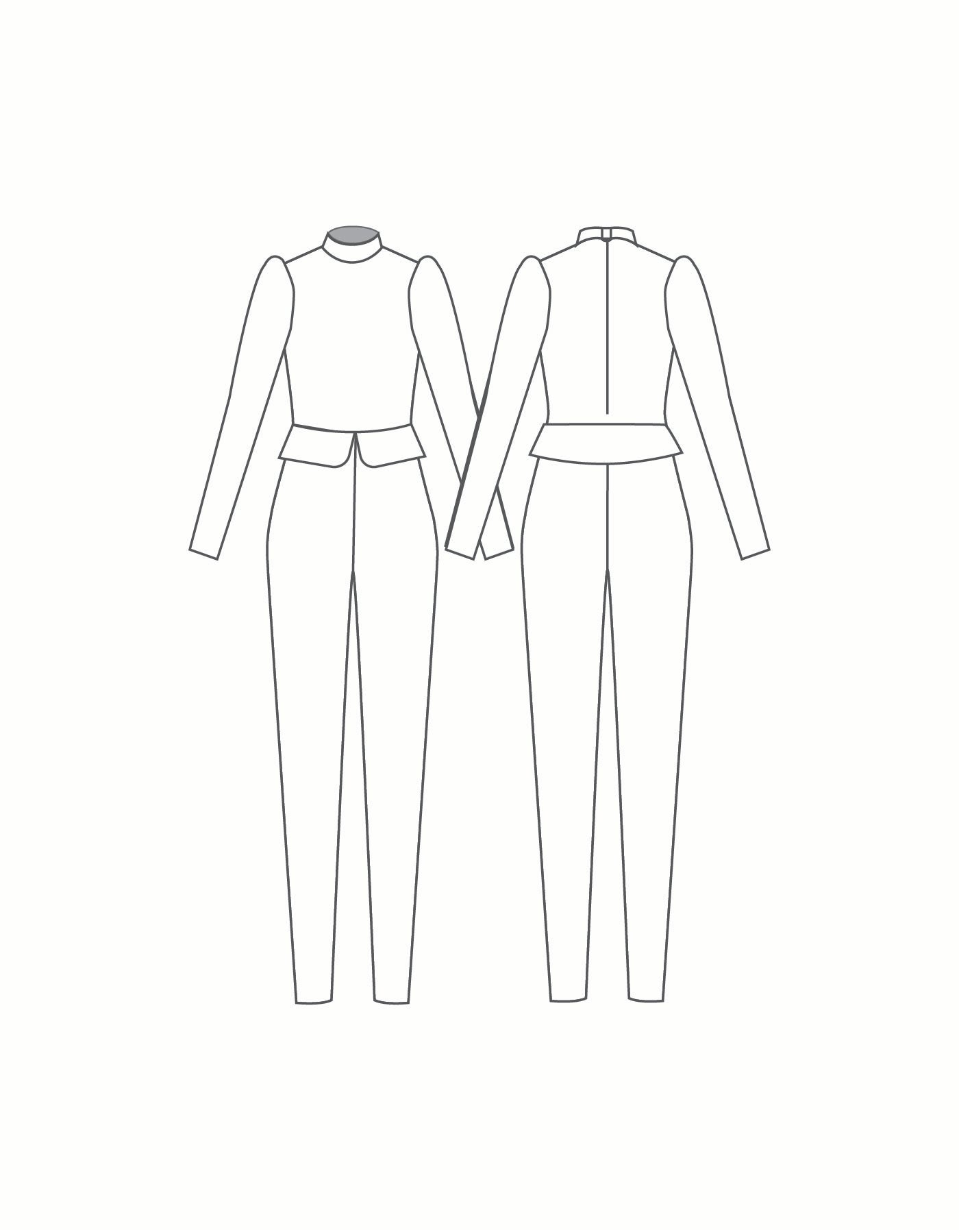 Custom Inked LS Puff Sleeve TNeck Zipper Back Unitard with Peplum and Slim Leg - Lycra