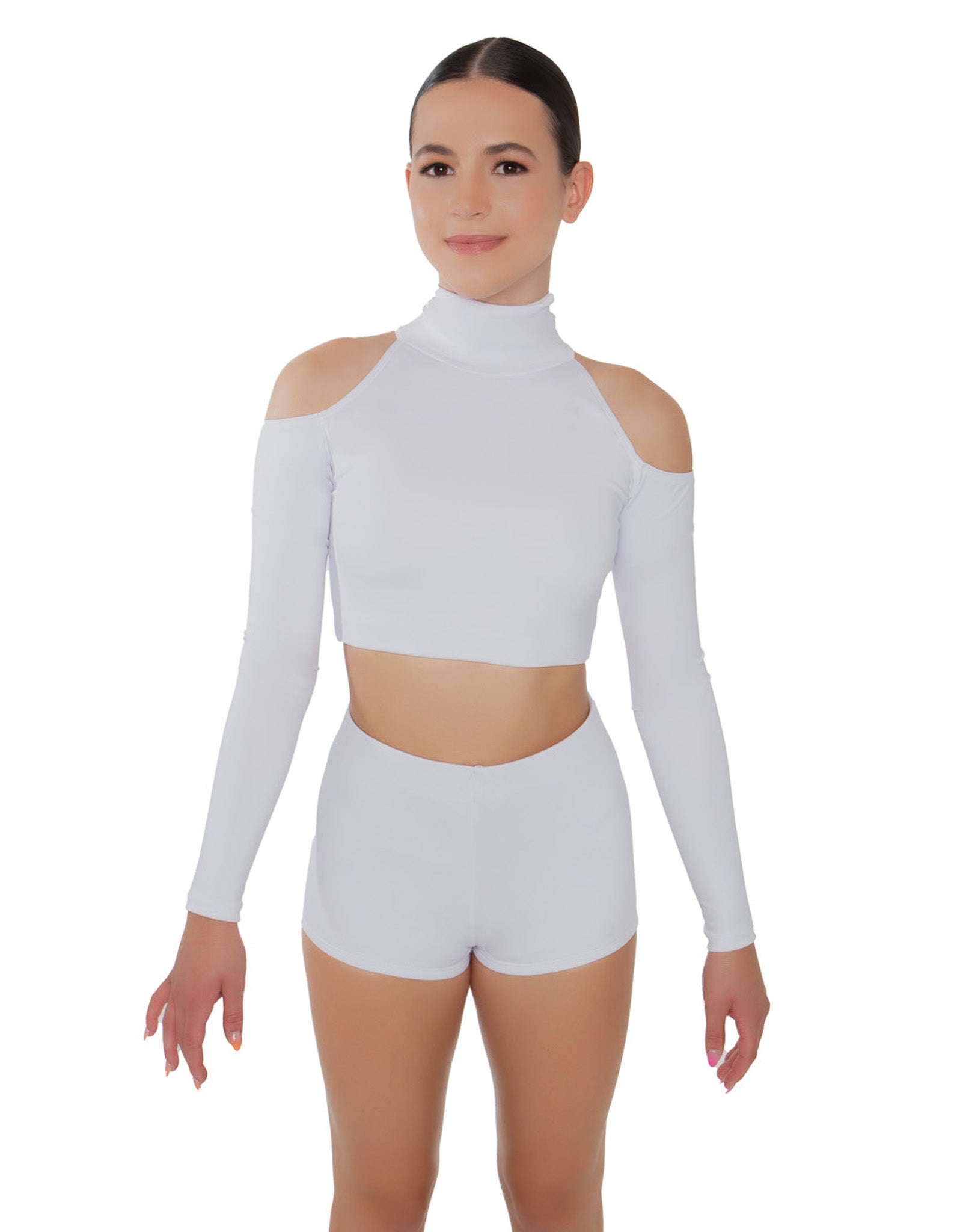 Solid Lycra LS TNeck Keyhole Cold Shoulder Crop Top