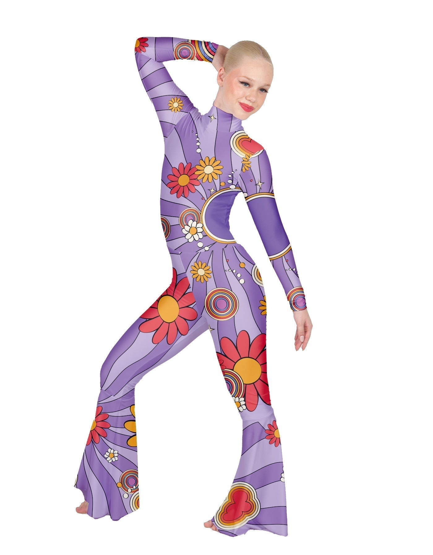 Flower Child Swirl LS Zipper Back Wide Flare Pant Unitard